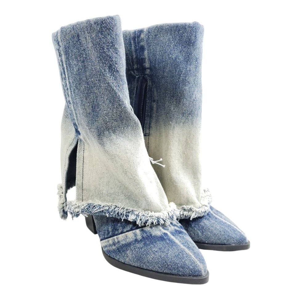 Blue Faded Denim Fringe Fashion Boots Womens Size 6 Textile